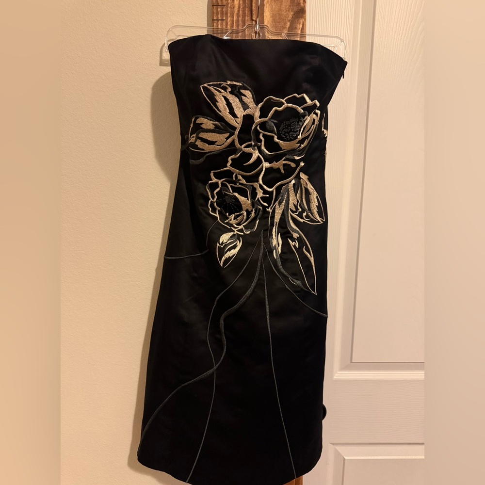 White House Black Market Black Strapless Dress with Gold Floral Appliqué